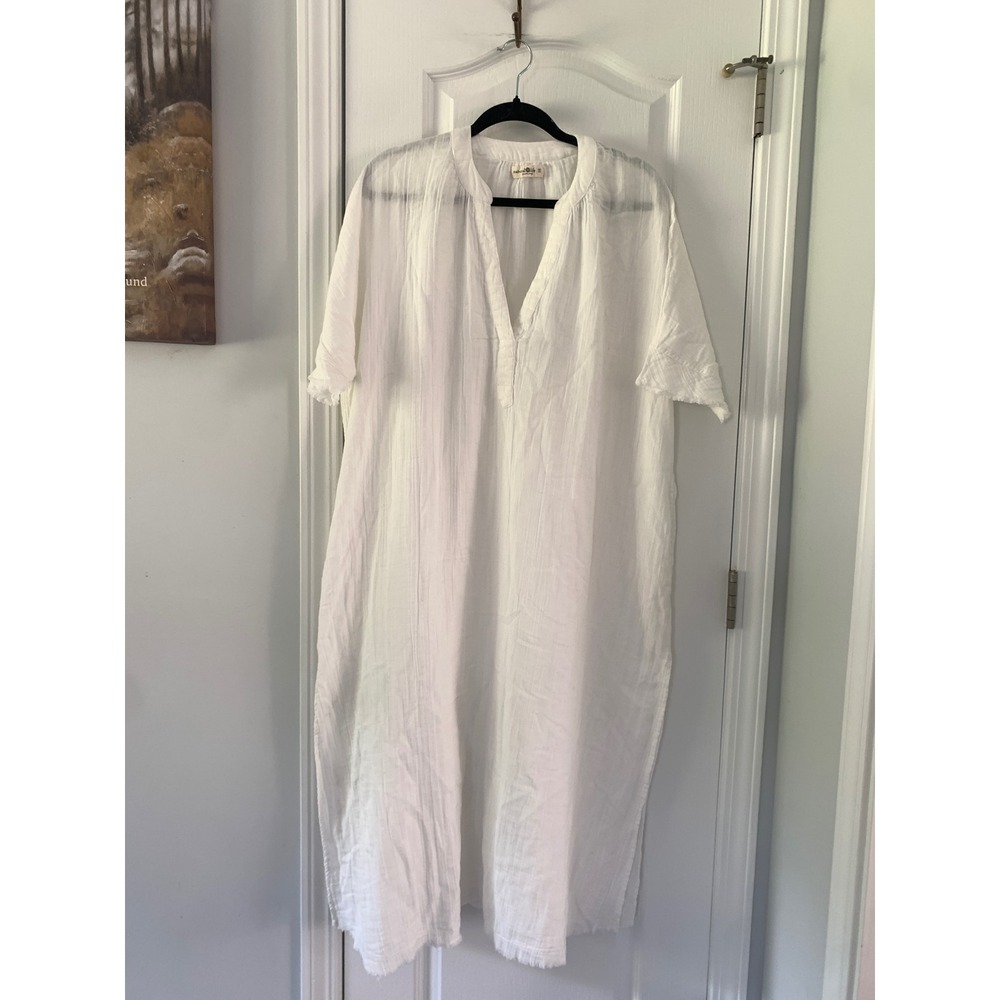 Natural Life White Cotton Gauze Kaftan Dress OS‎ Boho Midi V-Neck Beach Coverup